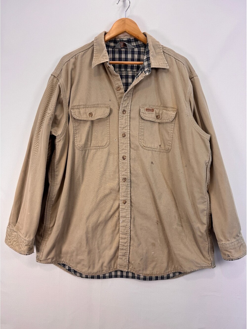 Vintage Carhartt Tan Plaid Lined Shirt Jacket Thrashed Distressed Workwear Mens